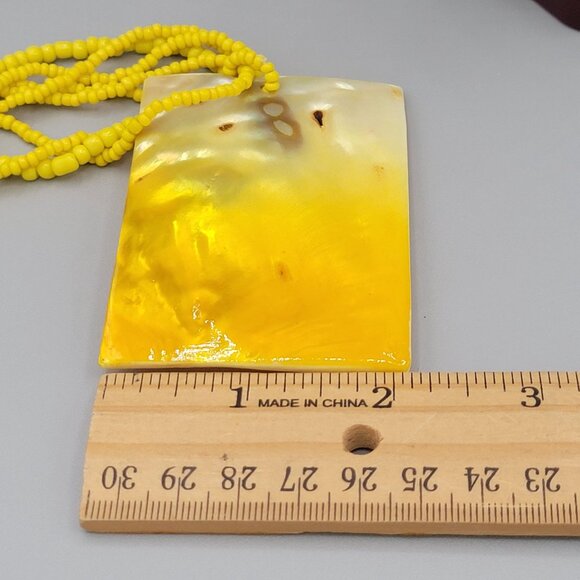 Yellow Beaded Necklace Multi Strand Rectangular Dyed Mother of Pearl Pendant - Picture 9 of 9